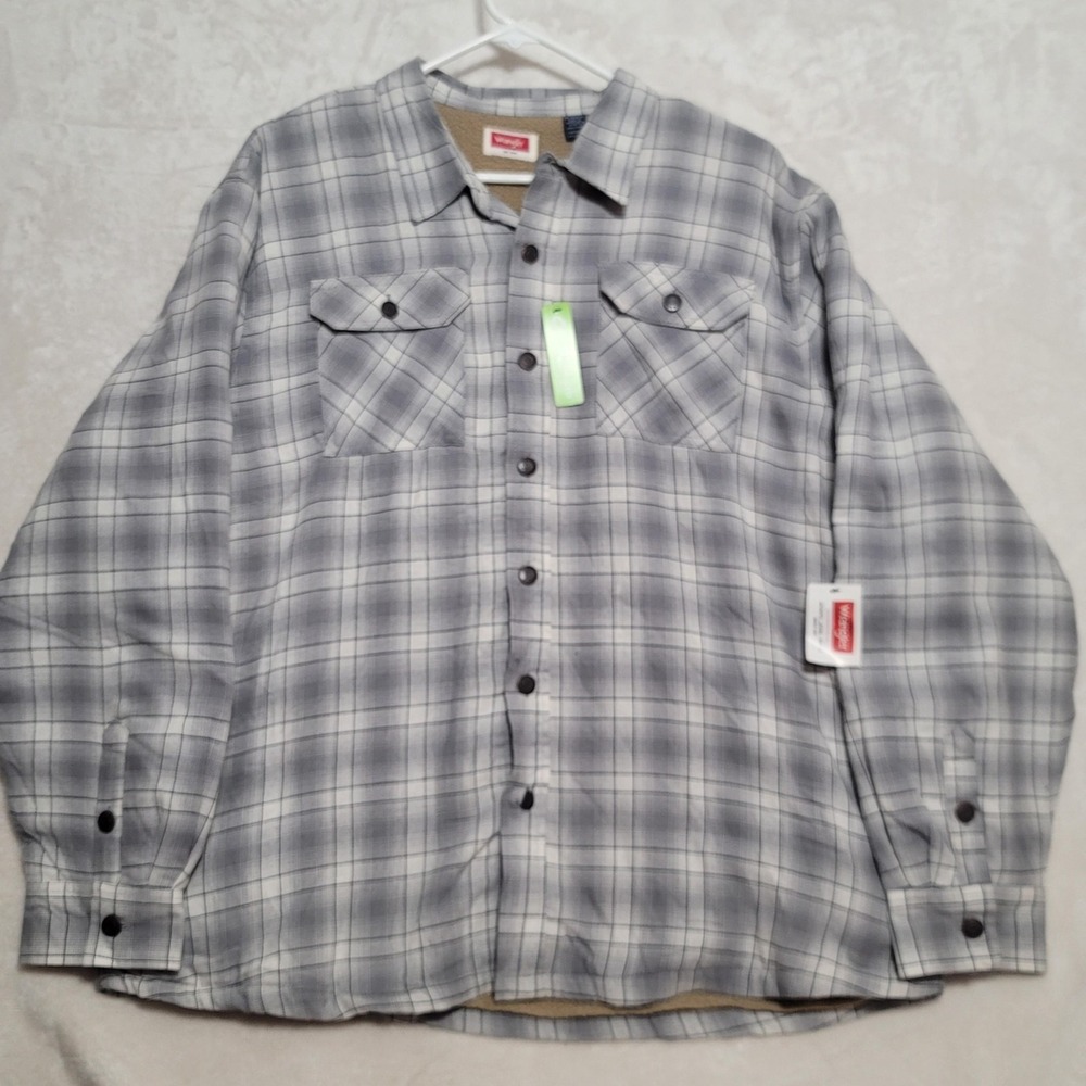 Wrangler Shirt Jacket Mens 2XL Gray Plaid Fleece Lined Shacket Snap Buttons